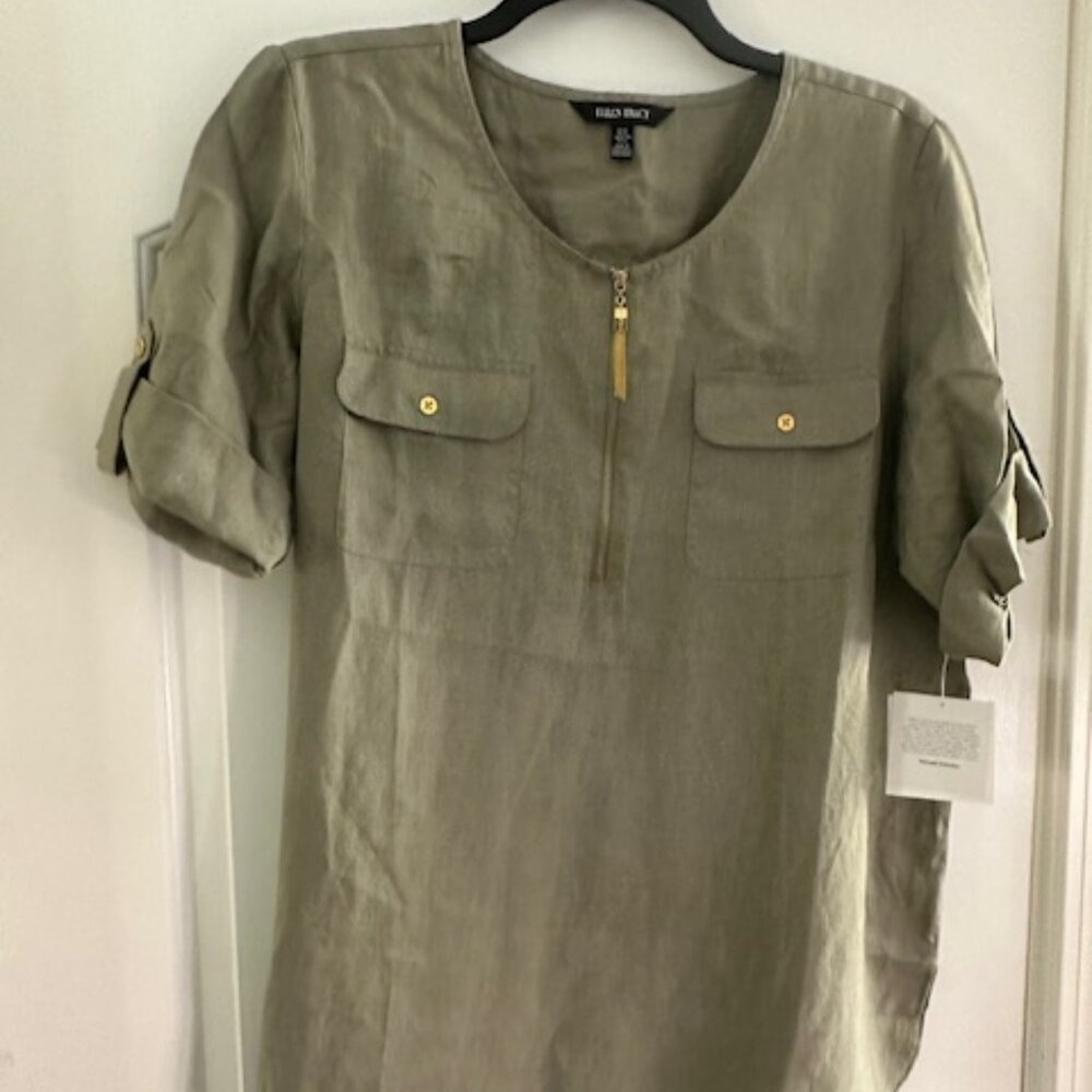 Khaki-Green Roll-Tab Linen Ellen Tracy Top
